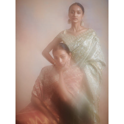 SUHINO Rust Tissue Saree with Stitched Blouse & Petticoat