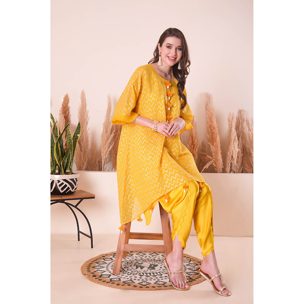 SURABHI ARYA Golden Aura Kimono Kurta with Dhoti Pant and Slip- Yellow