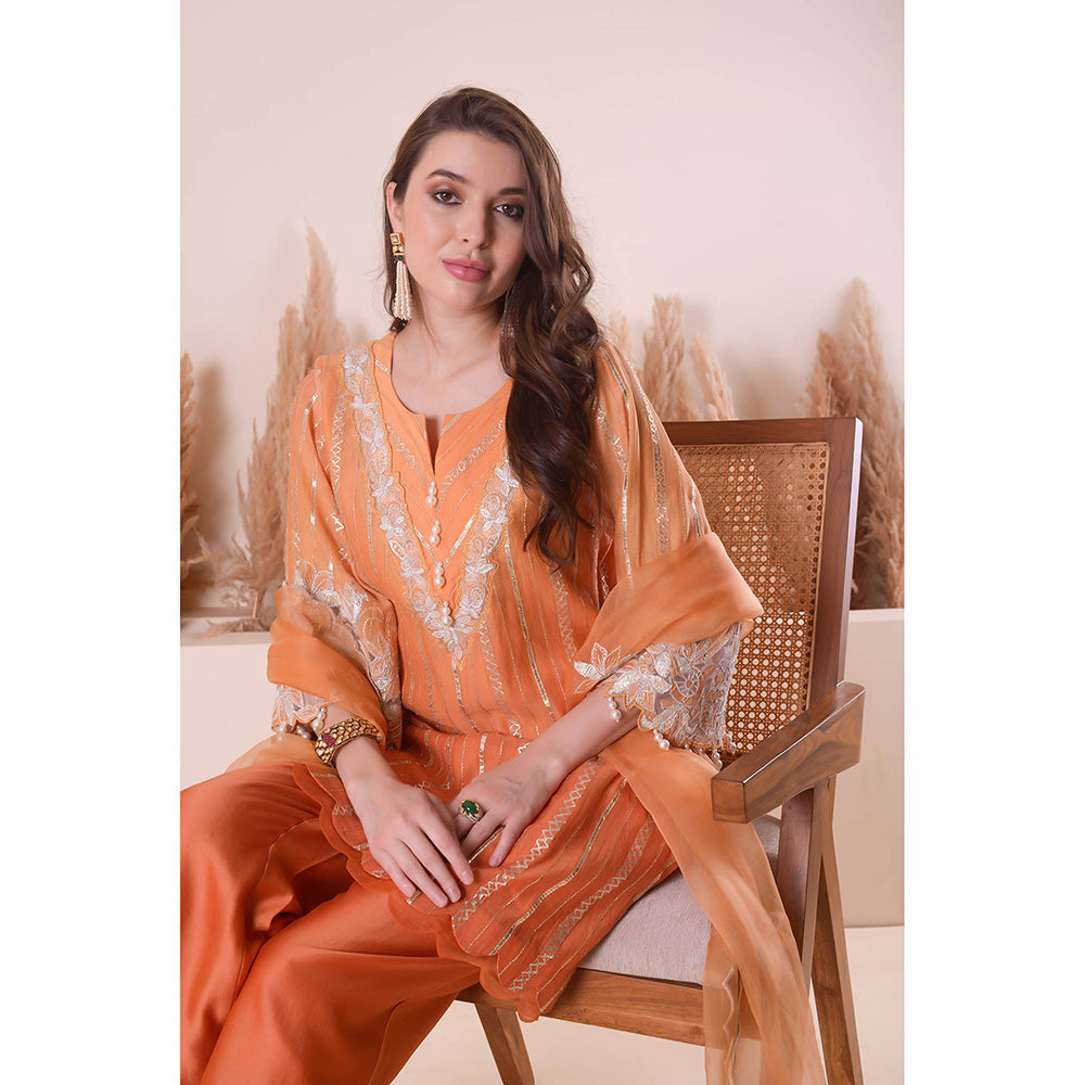 SURABHI ARYA Tangerine Bliss Kurta with Pant and Dupatta - Orange