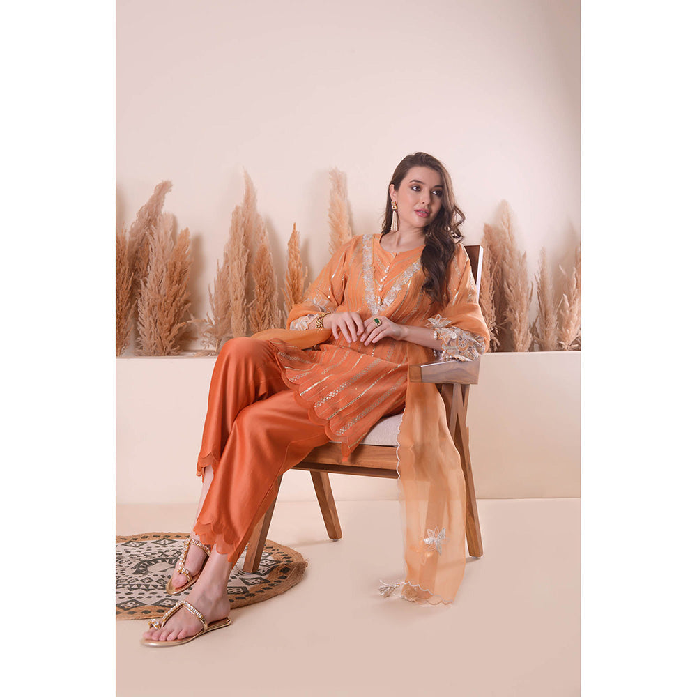 SURABHI ARYA Tangerine Bliss Kurta with Pant and Dupatta - Orange