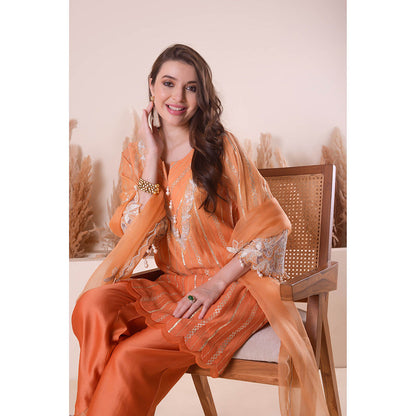 SURABHI ARYA Tangerine Bliss Kurta with Pant and Dupatta - Orange