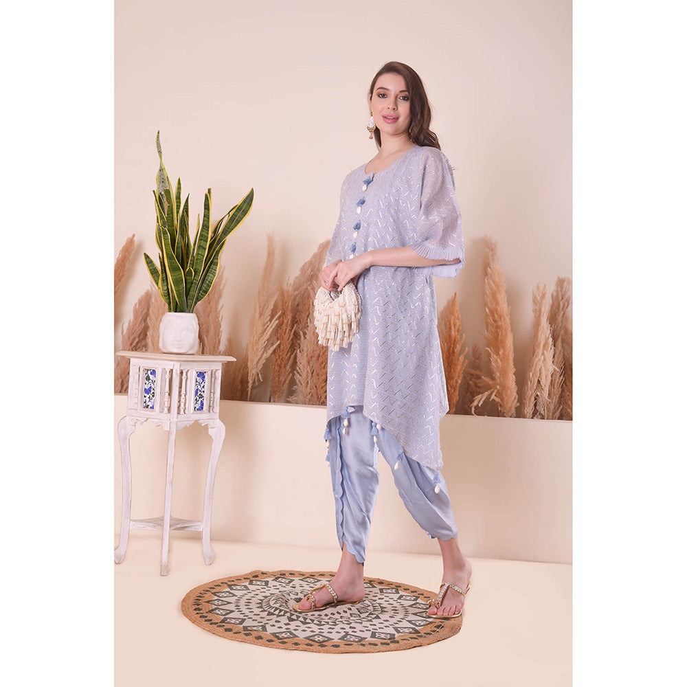 SURABHI ARYA Powder Blue Wave Kimono Kurta with Dhoti Pant and Slip- Lavender