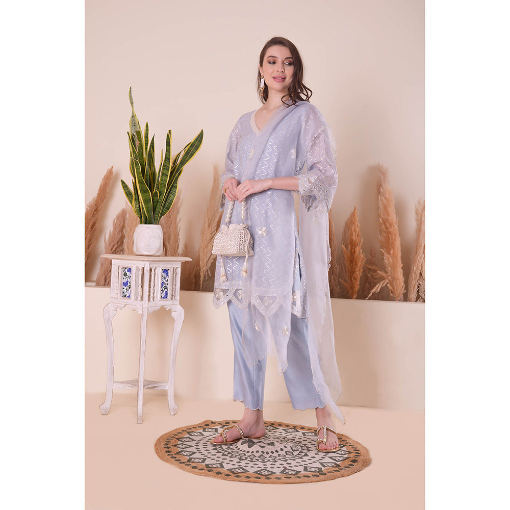 SURABHI ARYA Powder Blue Grace Kurta with Pant and Dupatta - Lavender