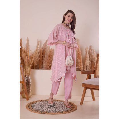 SURABHI ARYA Soft Pink Serinity Kimono Kurta with Pant and Slip (Set of 3)
