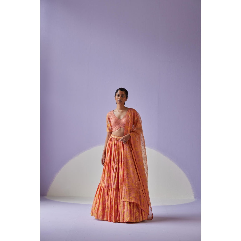Surbhi Gupta Coral Tiered Lehenga with Blouse and Dupatta (Set of 3)