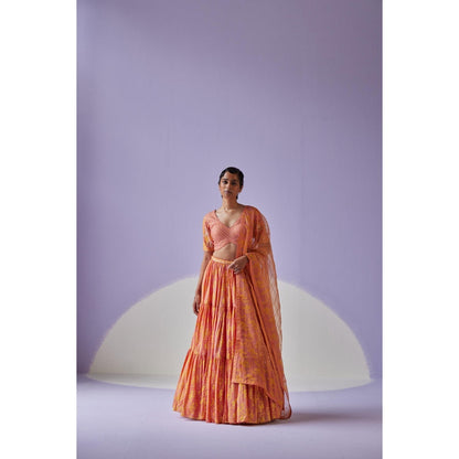 Surbhi Gupta Coral Tiered Lehenga with Blouse and Dupatta (Set of 3)
