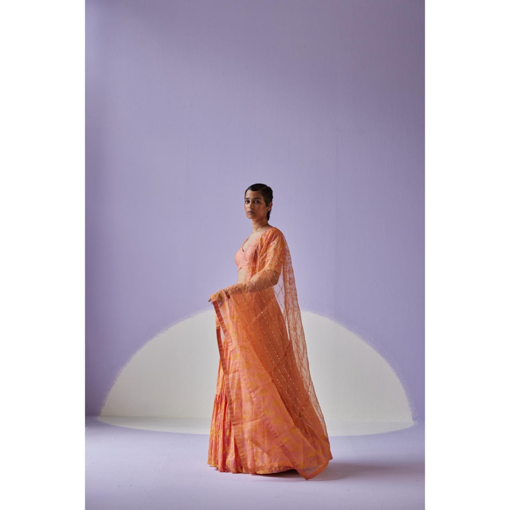 Surbhi Gupta Coral Tiered Lehenga with Blouse and Dupatta (Set of 3)