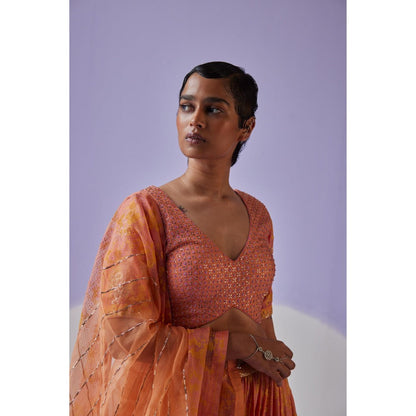 Surbhi Gupta Coral Tiered Lehenga with Blouse and Dupatta (Set of 3)