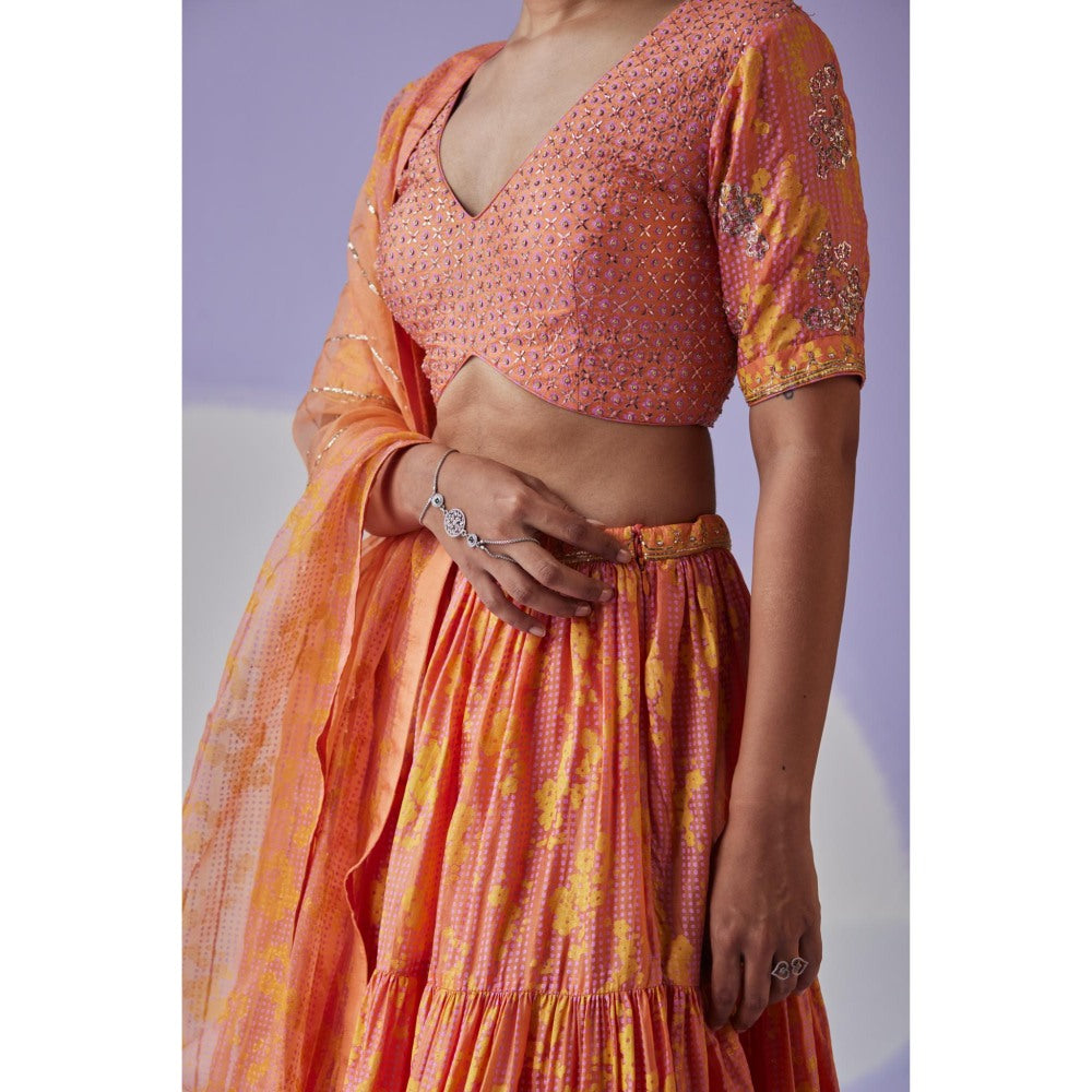 Surbhi Gupta Coral Tiered Lehenga with Blouse and Dupatta (Set of 3)