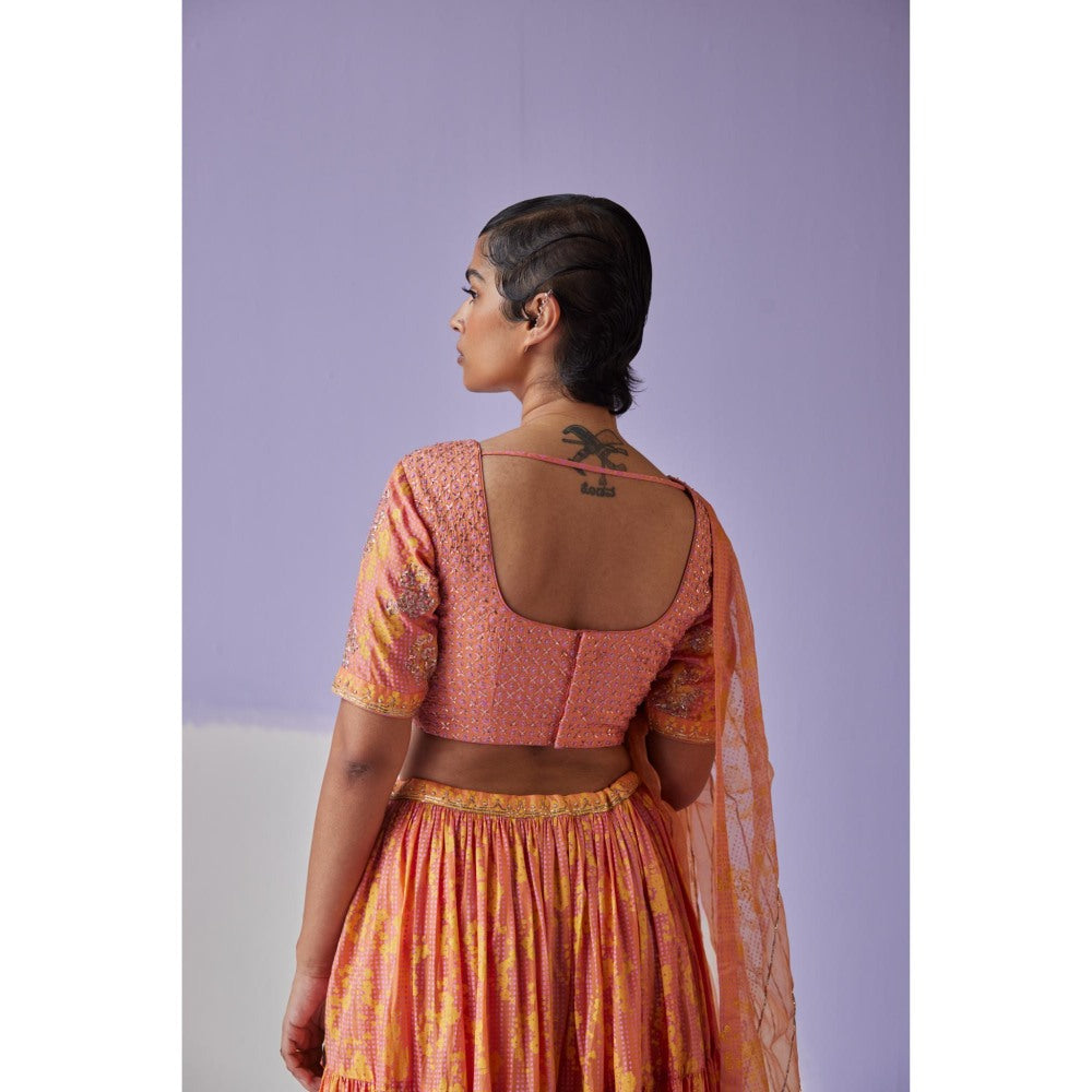 Surbhi Gupta Coral Tiered Lehenga with Blouse and Dupatta (Set of 3)