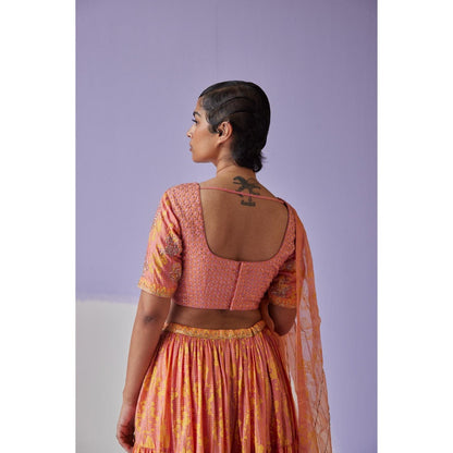 Surbhi Gupta Coral Tiered Lehenga with Blouse and Dupatta (Set of 3)