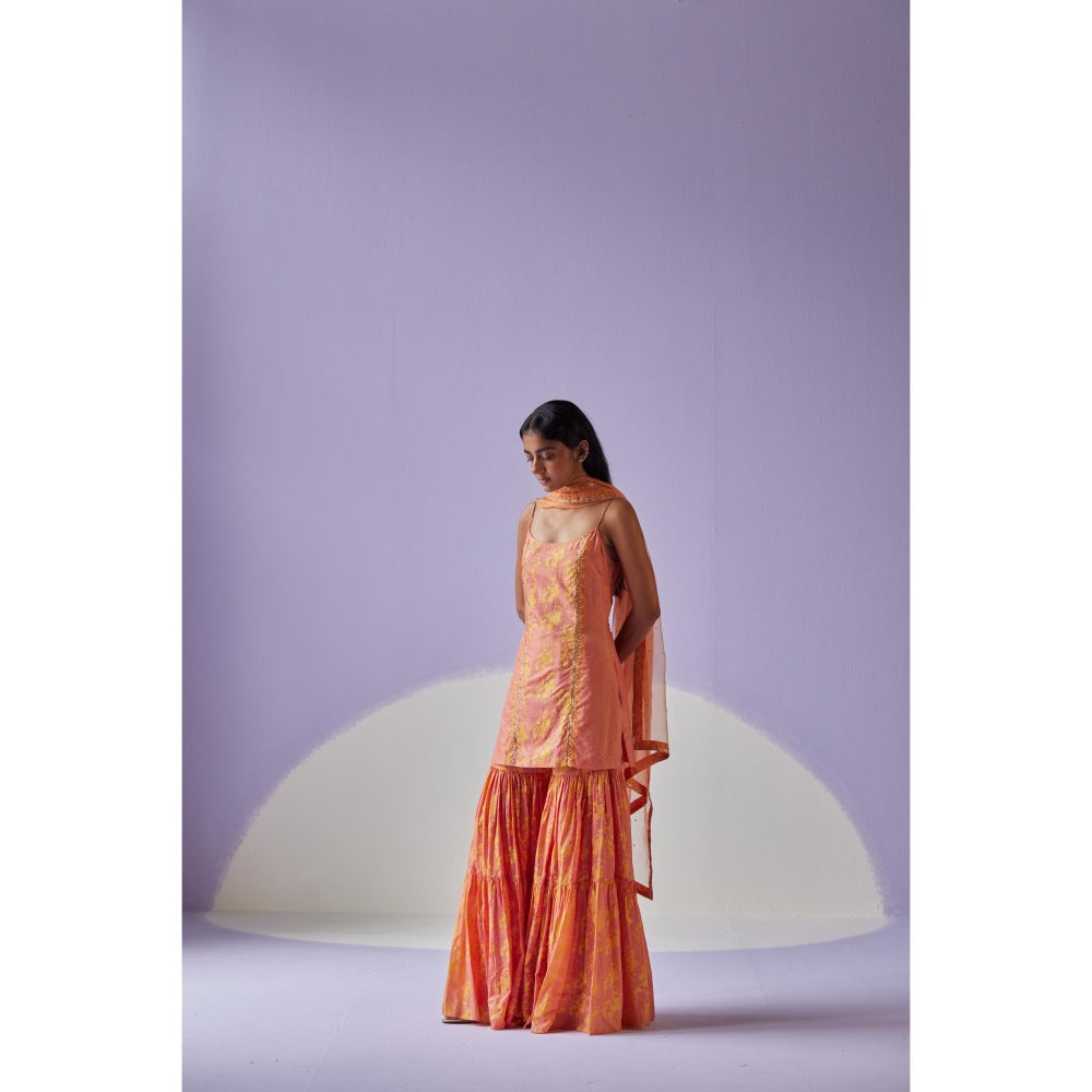 Surbhi Gupta Coral Tiered Sharara with Kurta and Dupatta (Set of 3)