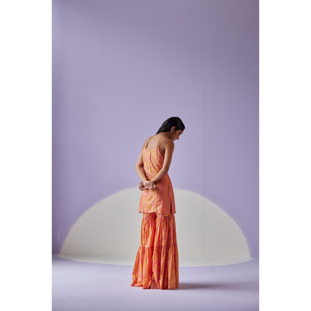 Surbhi Gupta Coral Tiered Sharara with Kurta and Dupatta (Set of 3)