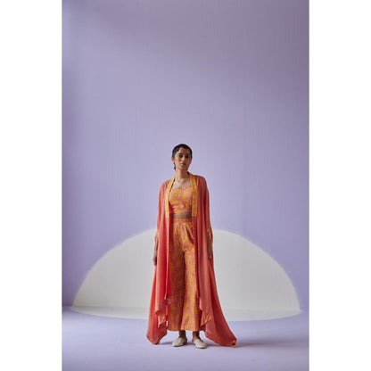 Surbhi Gupta Coral Crinkled Cape with Blouse and Trouser (Set of 3)