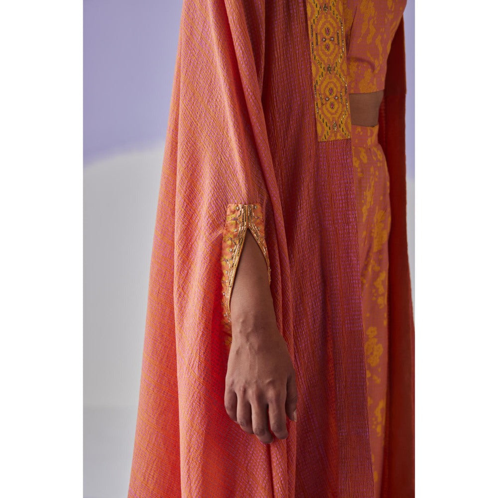 Surbhi Gupta Coral Crinkled Cape with Blouse and Trouser (Set of 3)