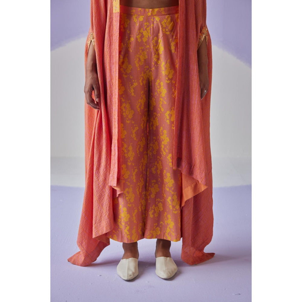 Surbhi Gupta Coral Crinkled Cape with Blouse and Trouser (Set of 3)