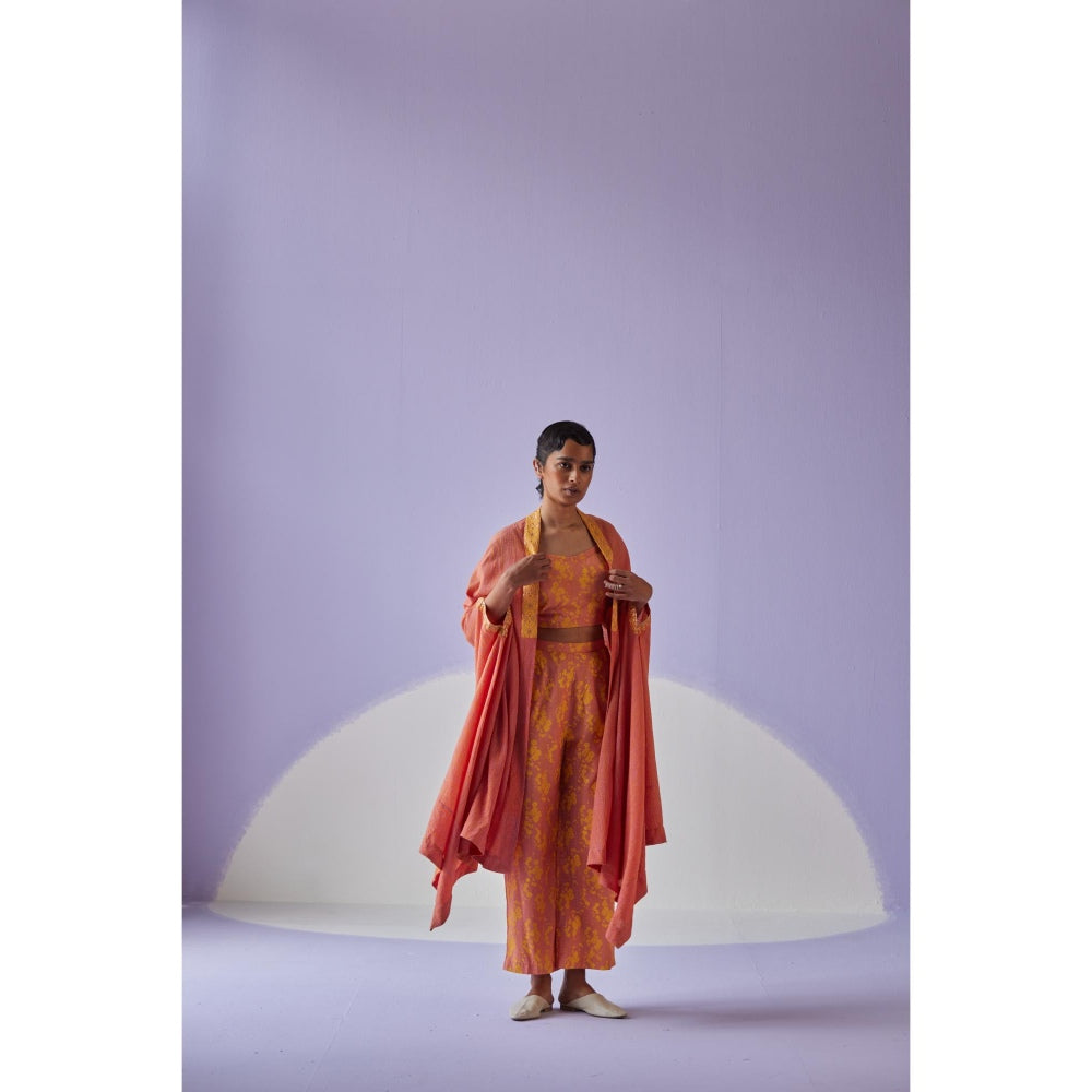 Surbhi Gupta Coral Crinkled Cape with Blouse and Trouser (Set of 3)