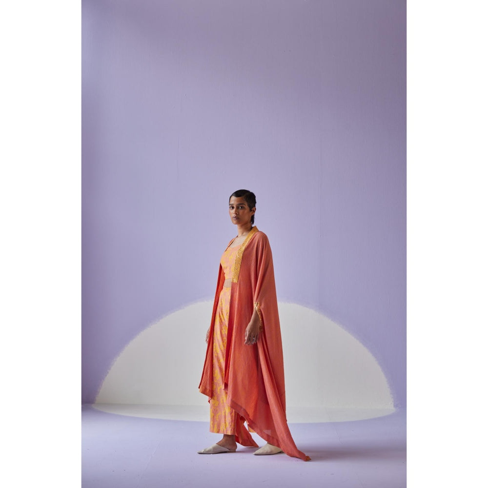 Surbhi Gupta Coral Crinkled Cape with Blouse and Trouser (Set of 3)