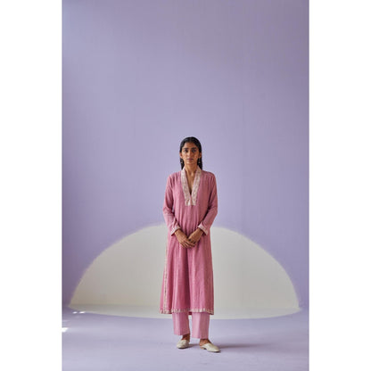 Surbhi Gupta Rose Pink Crinkled Kurta and Pant (Set of 2)