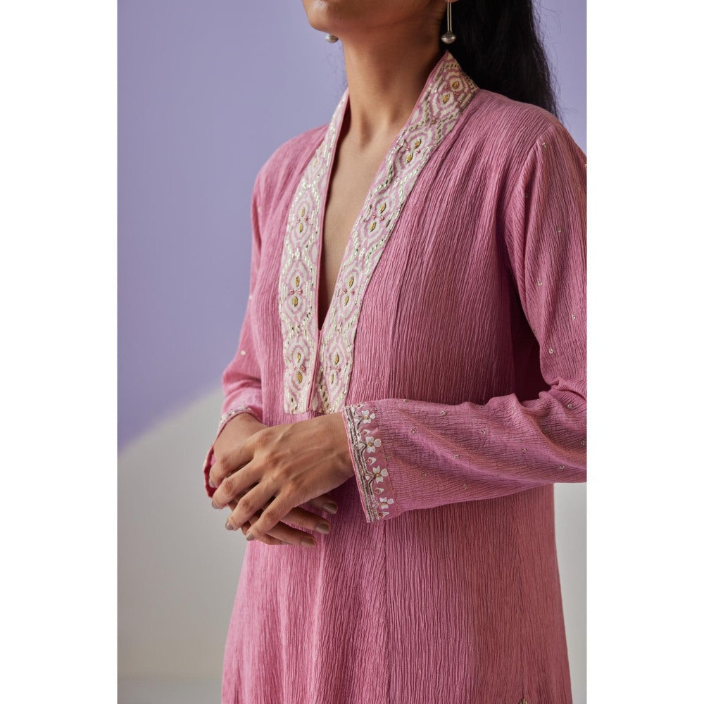 Surbhi Gupta Rose Pink Crinkled Kurta and Pant (Set of 2)