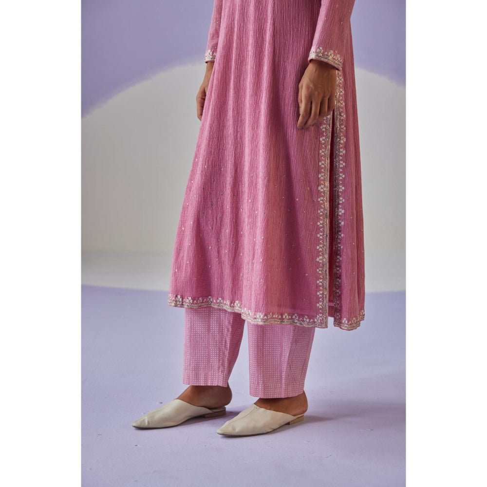 Surbhi Gupta Rose Pink Crinkled Kurta and Pant (Set of 2)