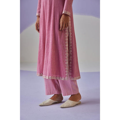 Surbhi Gupta Rose Pink Crinkled Kurta and Pant (Set of 2)