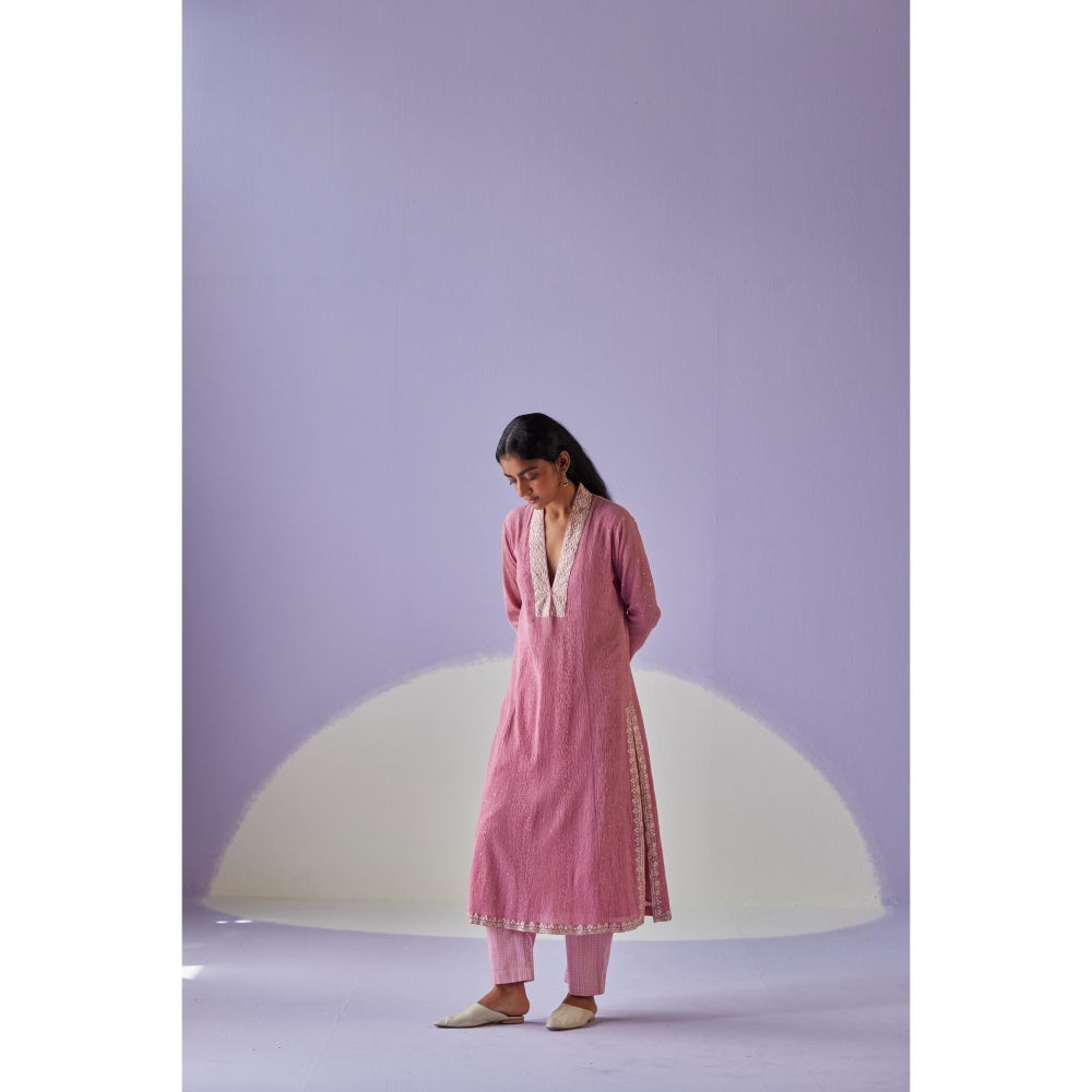 Surbhi Gupta Rose Pink Crinkled Kurta and Pant (Set of 2)