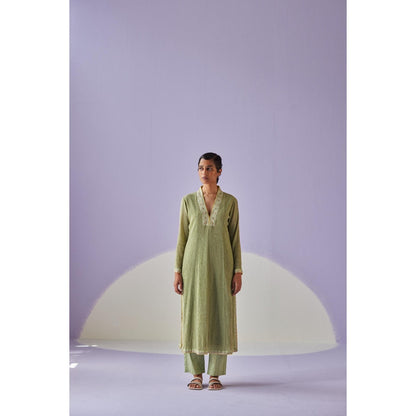 Surbhi Gupta Green Crinkled Kurta and Pant (Set of 2)
