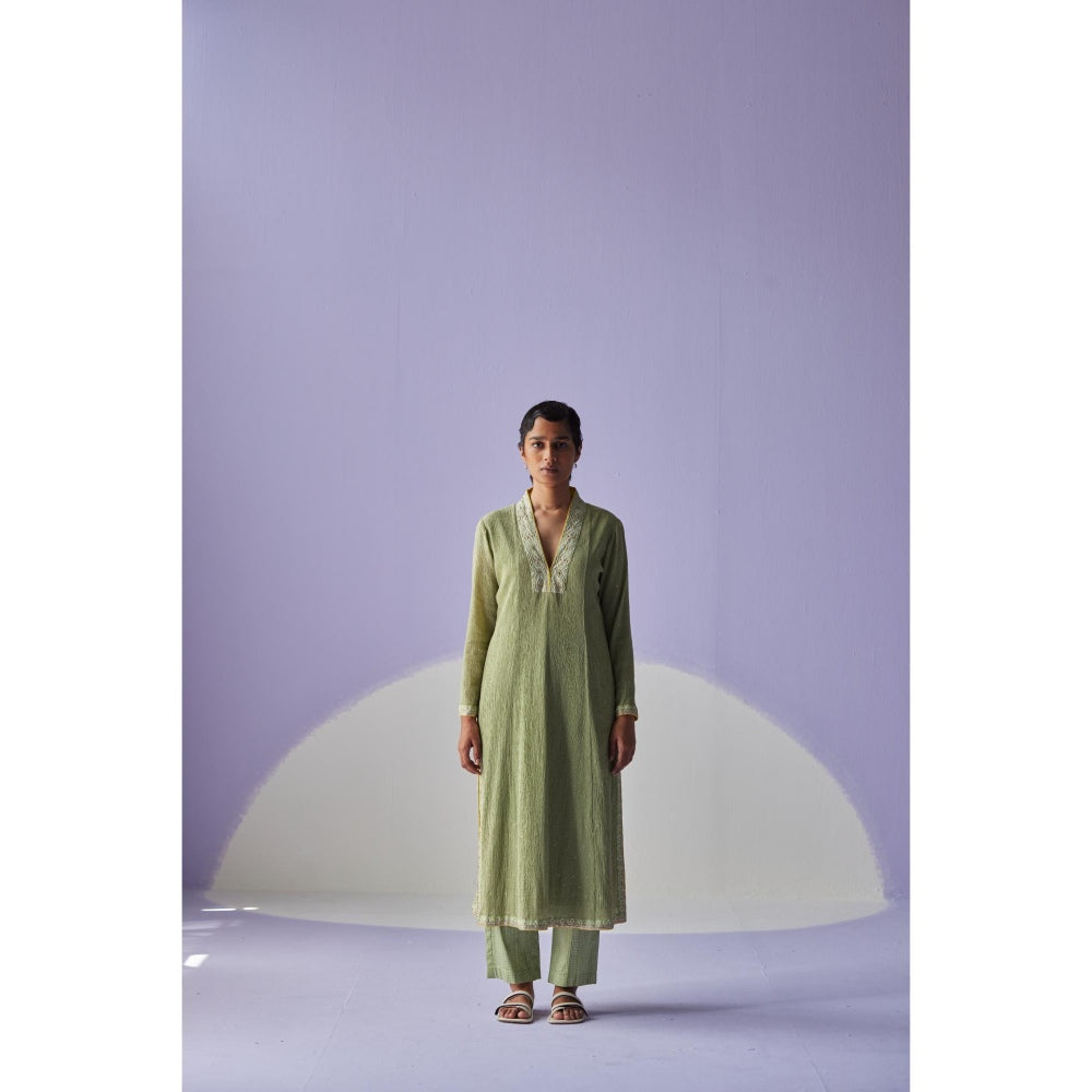Surbhi Gupta Green Crinkled Kurta and Pant (Set of 2)