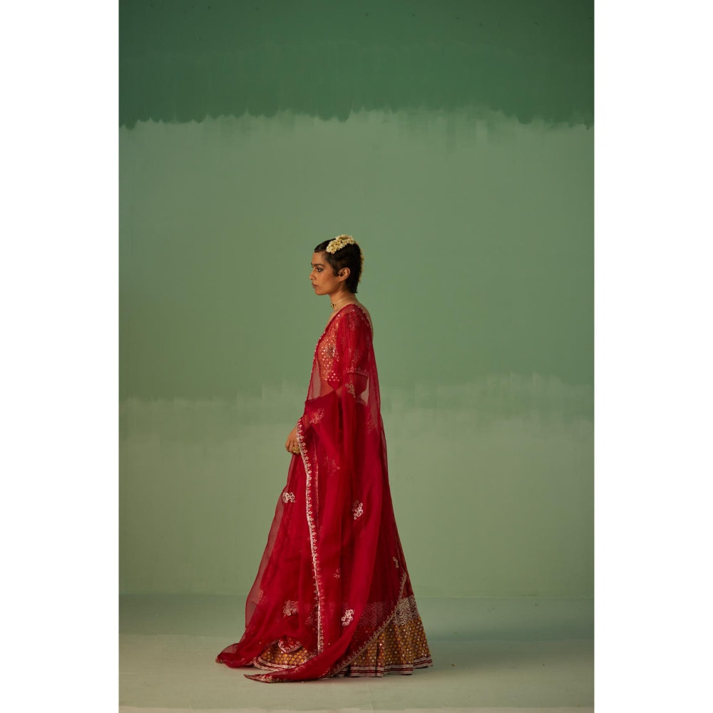 Surbhi Gupta Red Lehenga with Blouse and Dupatta (Set of 3)