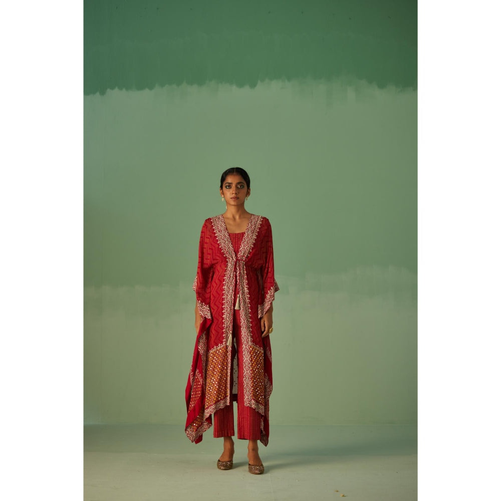 Surbhi Gupta Red Zig-Zag Kaftan with Blouse and Pant (Set of 3)