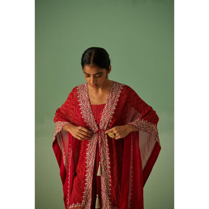 Surbhi Gupta Red Zig-Zag Kaftan with Blouse and Pant (Set of 3)