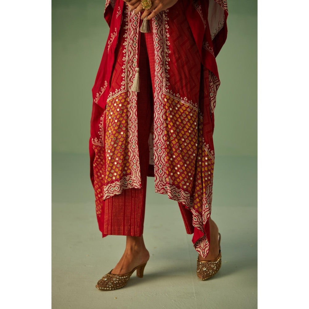 Surbhi Gupta Red Zig-Zag Kaftan with Blouse and Pant (Set of 3)