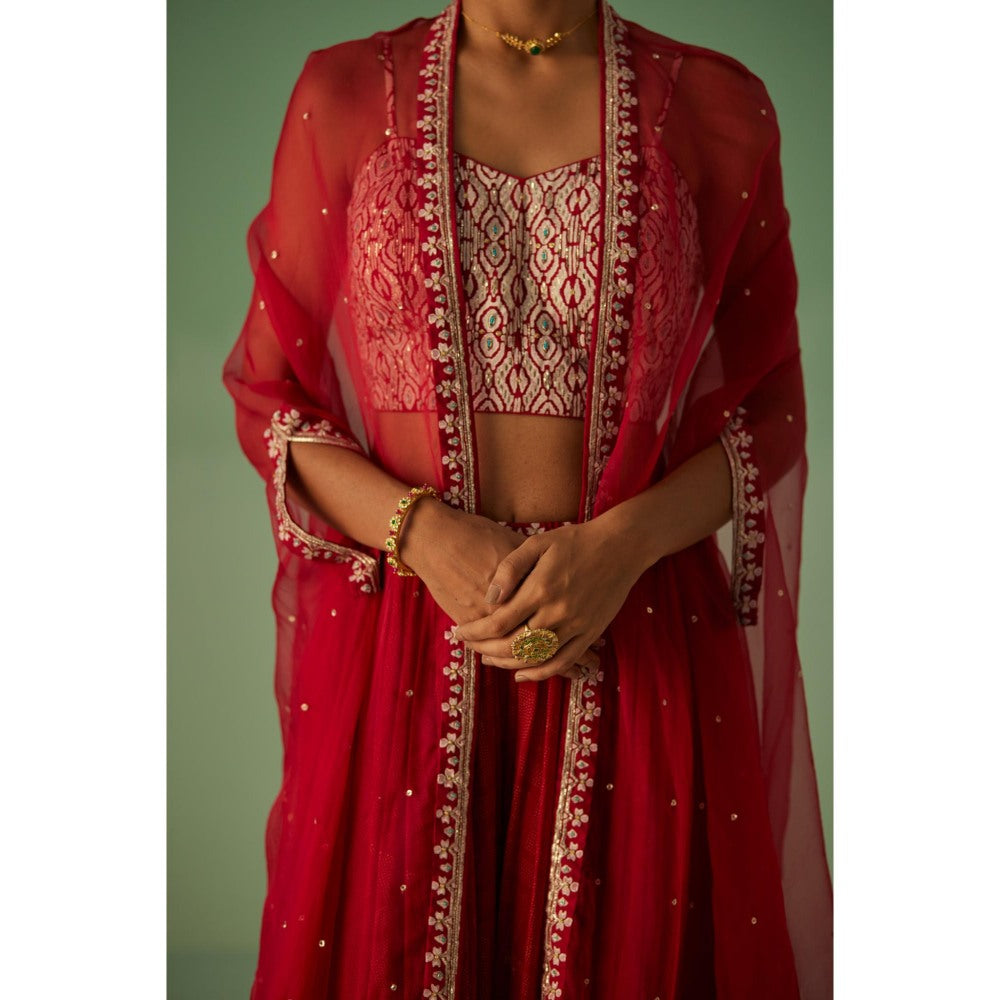 Surbhi Gupta Red Organza Cape, Blouse and Sharara (Set of 3)