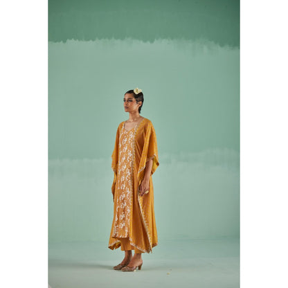Surbhi Gupta Ochre Silk Kaftan and Inner and Pant (Set of 3)