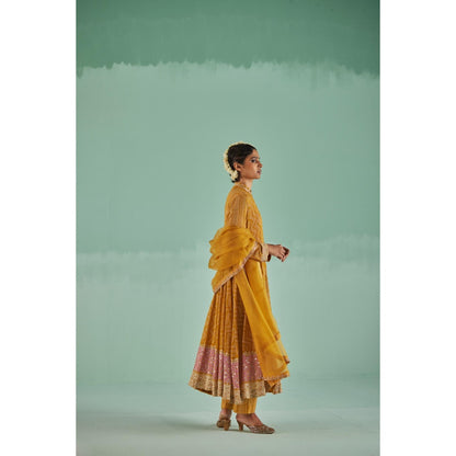 Surbhi Gupta Ochre Anarkali with Pant and Dupatta (Set of 4)