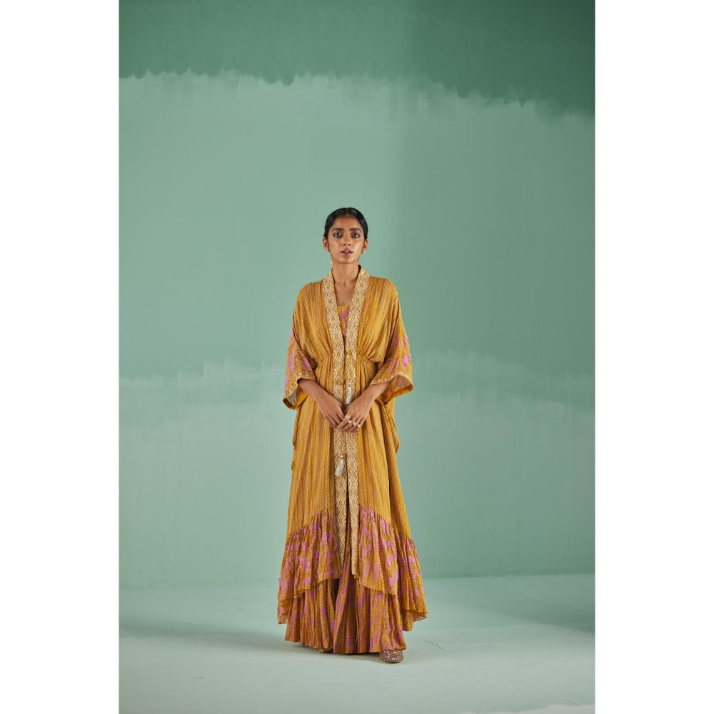 Surbhi Gupta Ochre Tiered Kaftan with Sharara and Blouse (Set of 3)