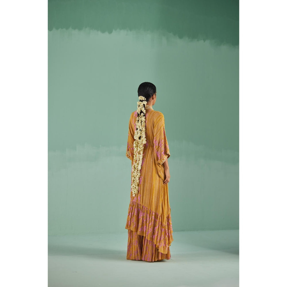 Surbhi Gupta Ochre Tiered Kaftan with Sharara and Blouse (Set of 3)