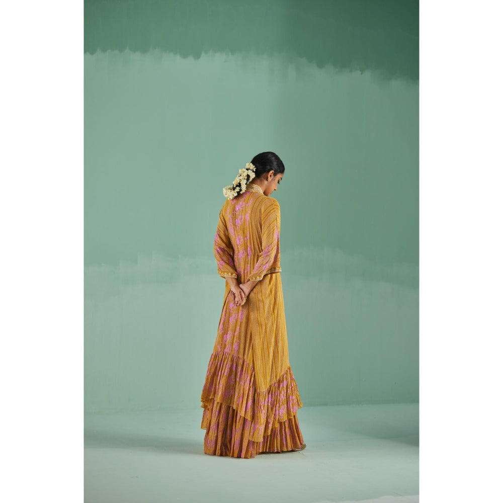 Surbhi Gupta Ochre Tiered Kaftan with Sharara and Blouse (Set of 3)
