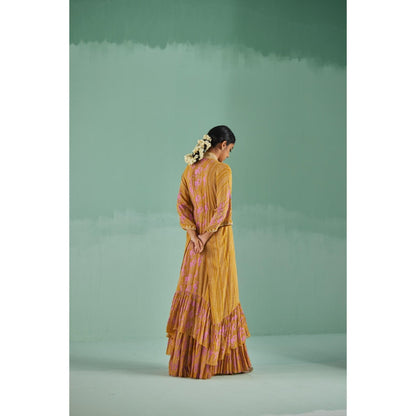 Surbhi Gupta Ochre Tiered Kaftan with Sharara and Blouse (Set of 3)