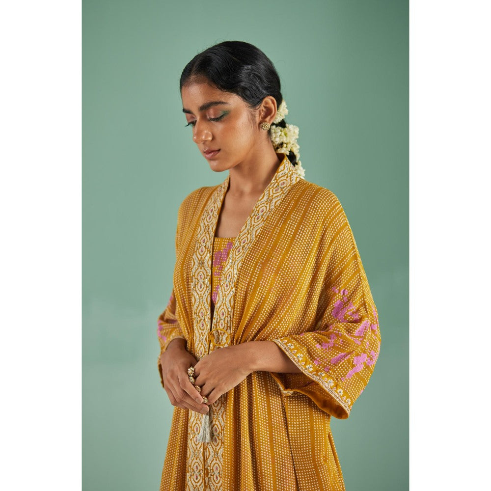 Surbhi Gupta Ochre Tiered Kaftan with Sharara and Blouse (Set of 3)