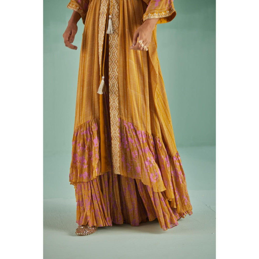 Surbhi Gupta Ochre Tiered Kaftan with Sharara and Blouse (Set of 3)