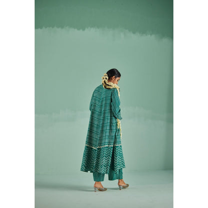 Surbhi Gupta Emerald Green A-Line Kurta and Pant (Set of 3)