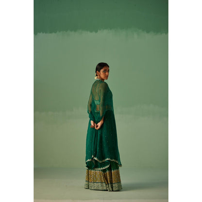 Surbhi Gupta Emerald Green Organza Cape, Blouse and Sharara (Set of 3)