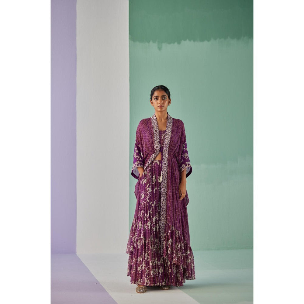 Surbhi Gupta Purple Tiered Kaftan, Sharara and Blouse (Set of 3)