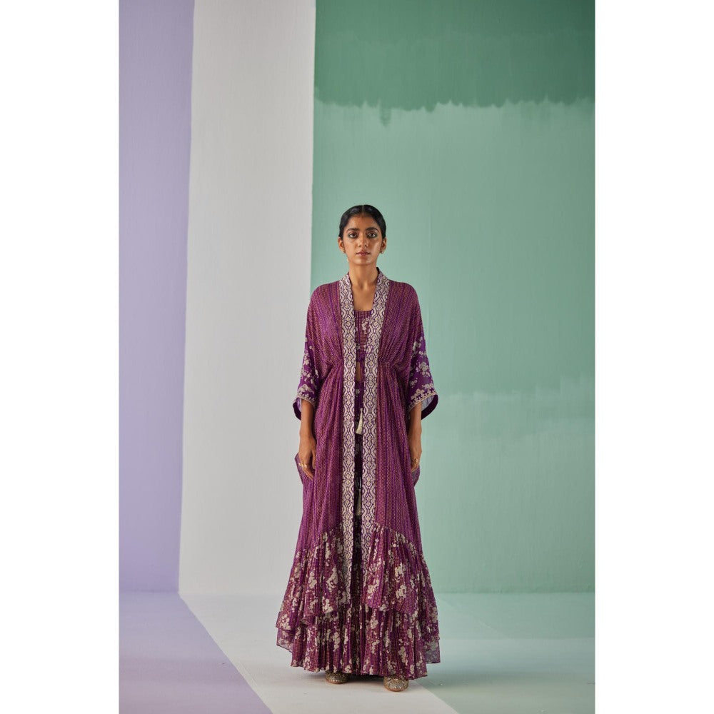 Surbhi Gupta Purple Tiered Kaftan, Sharara and Blouse (Set of 3)