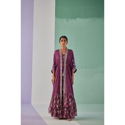 Surbhi Gupta Purple Tiered Kaftan, Sharara and Blouse (Set of 3)