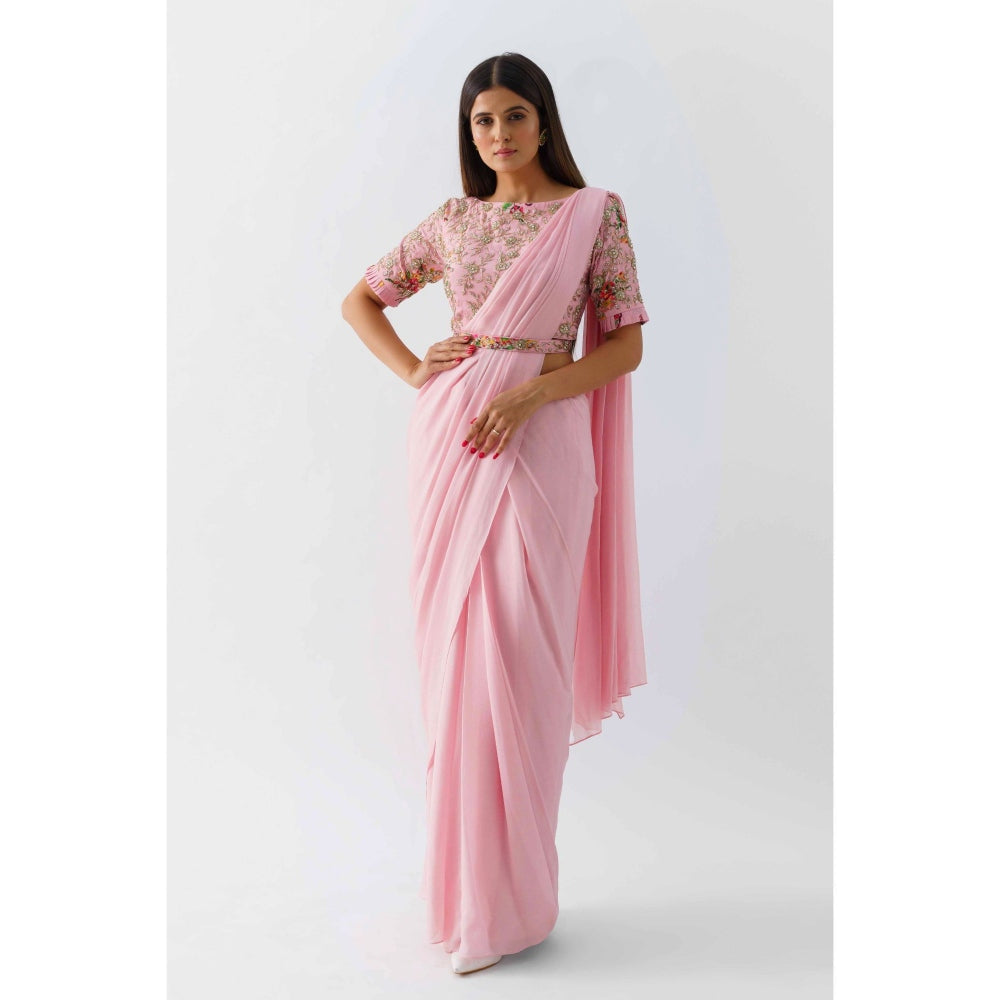 Suruchi Parakh Pink Embellished Pre Draped Saree with Blouse with Stitched