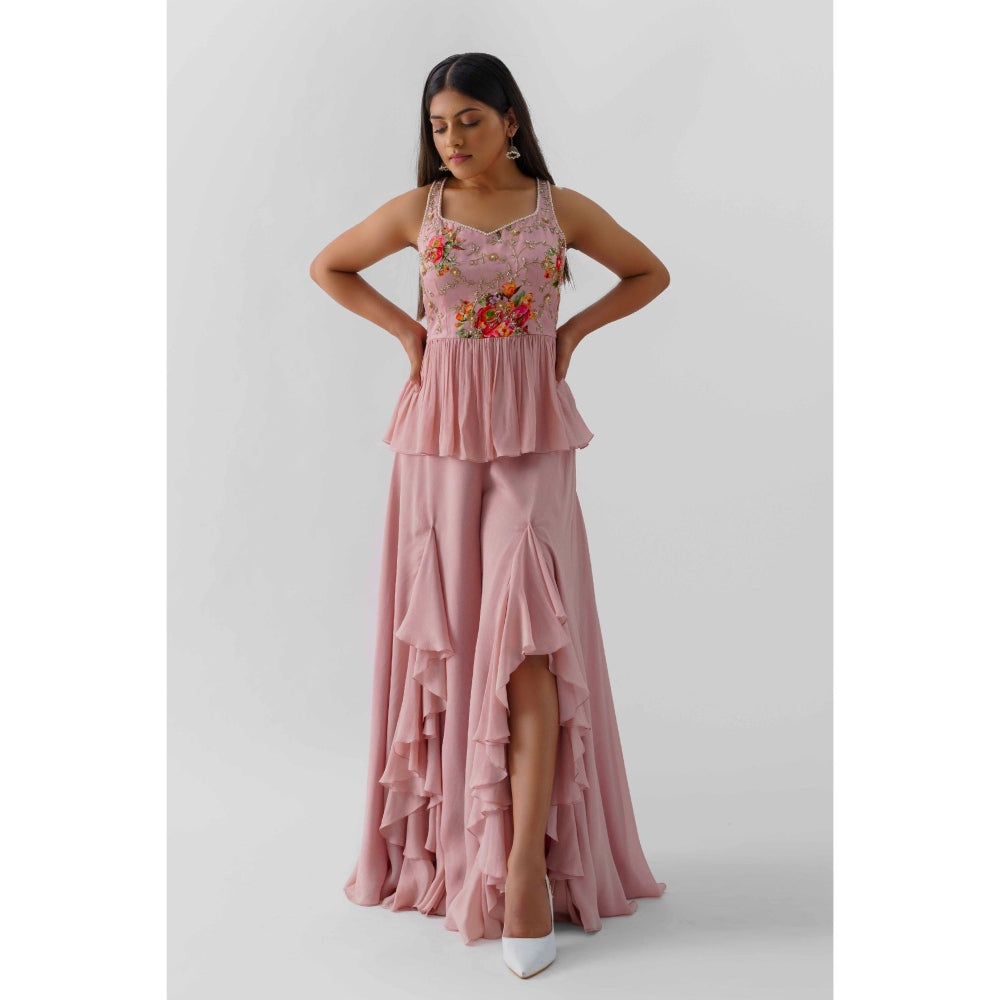 Suruchi Parakh Womens Pink Floral Print Peplum Top and Palazzo (Set of 2)