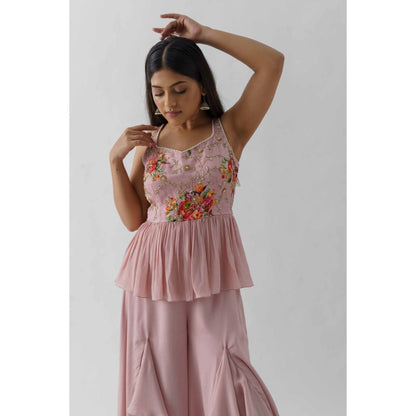 Suruchi Parakh Womens Pink Floral Print Peplum Top and Palazzo (Set of 2)